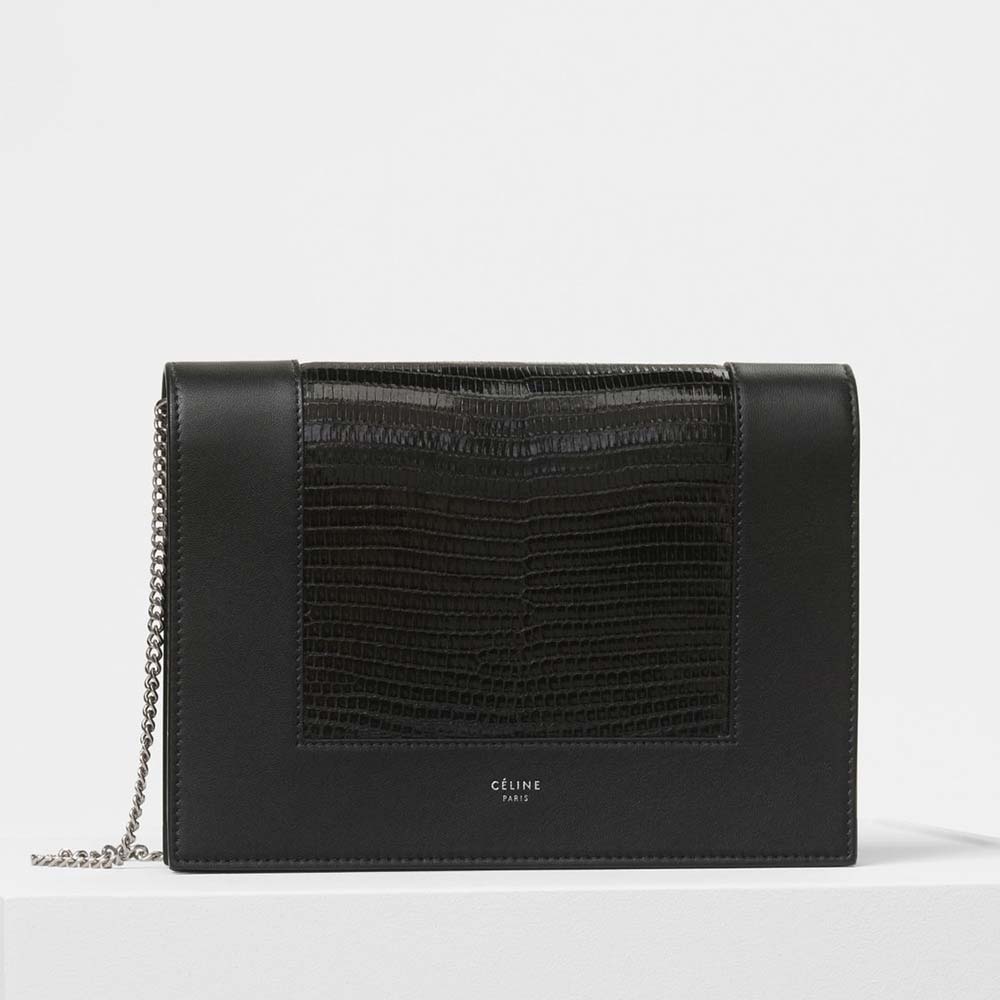 Front view of Celine Women Frame Evening Clutch on Chain in Lizard-Black