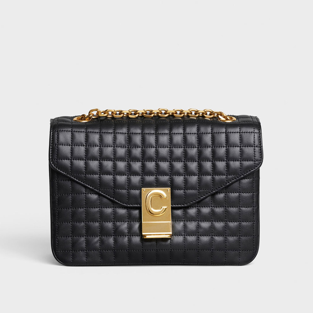 Front view of Celine Women Medium C Bag in Quilted Calfskin-Black