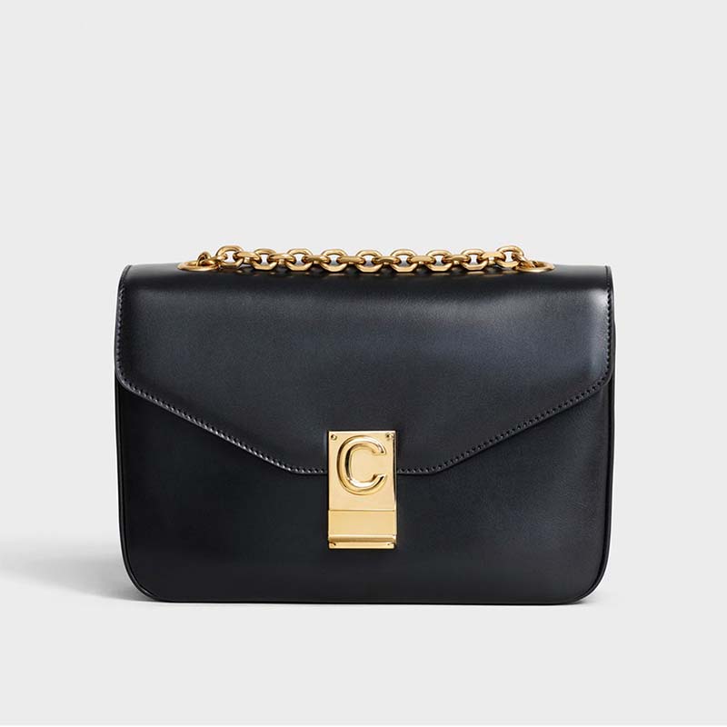 Front view of Celine Women Medium C Bag in Shiny Calfskin-Black
