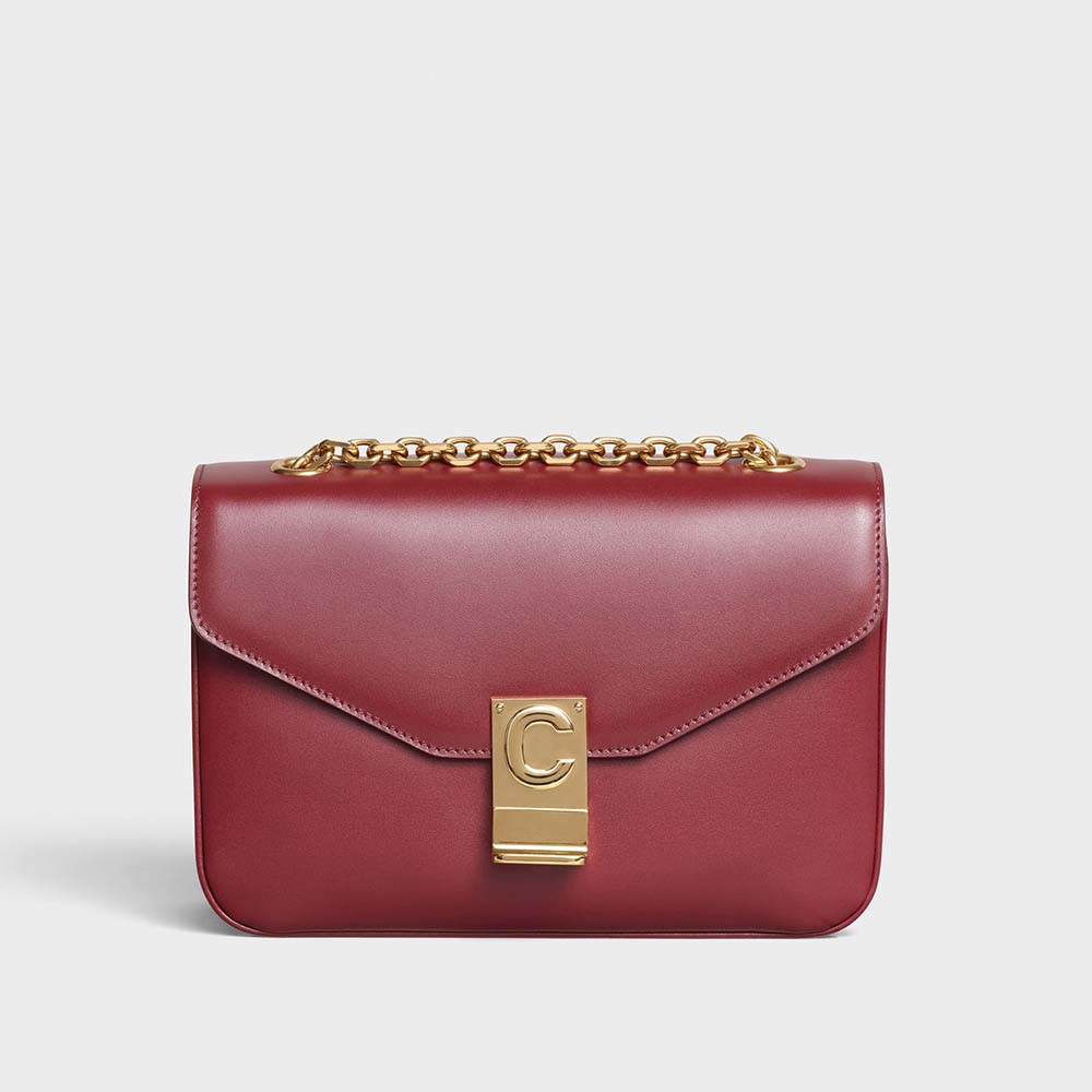 Front view of Celine Women Medium C Bag in Shiny Calfskin Leather-Maroon