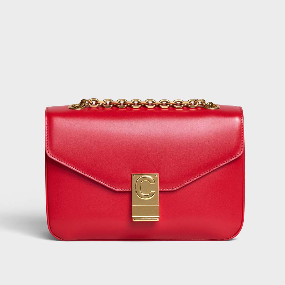 Front view of Celine Women Medium C Bag in Shiny Calfskin Leather-Red