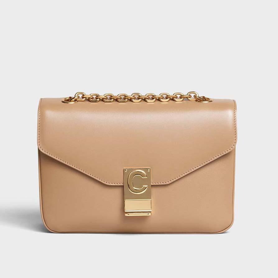 Front view of Celine Women Medium C Bag in Shiny Calfskin Leather-Sandy