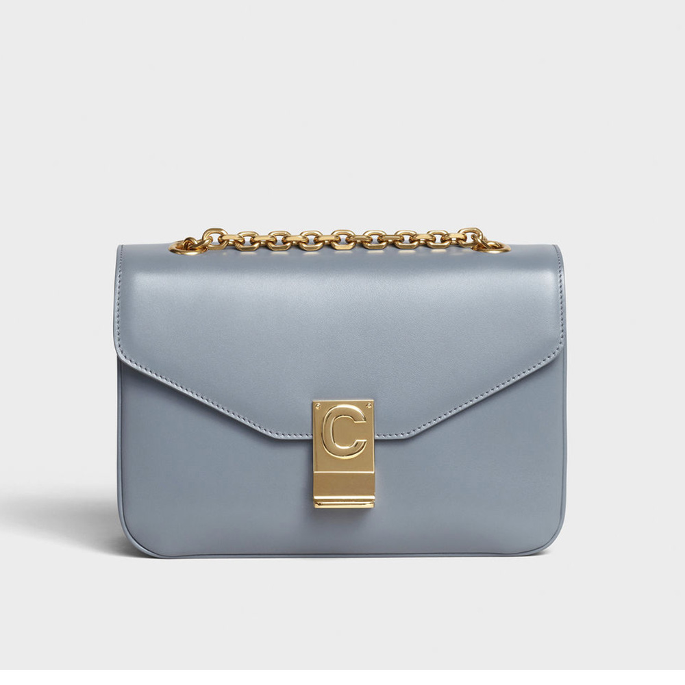 Front view of Celine Women Medium C Bag in Shiny Calfskin-Silver