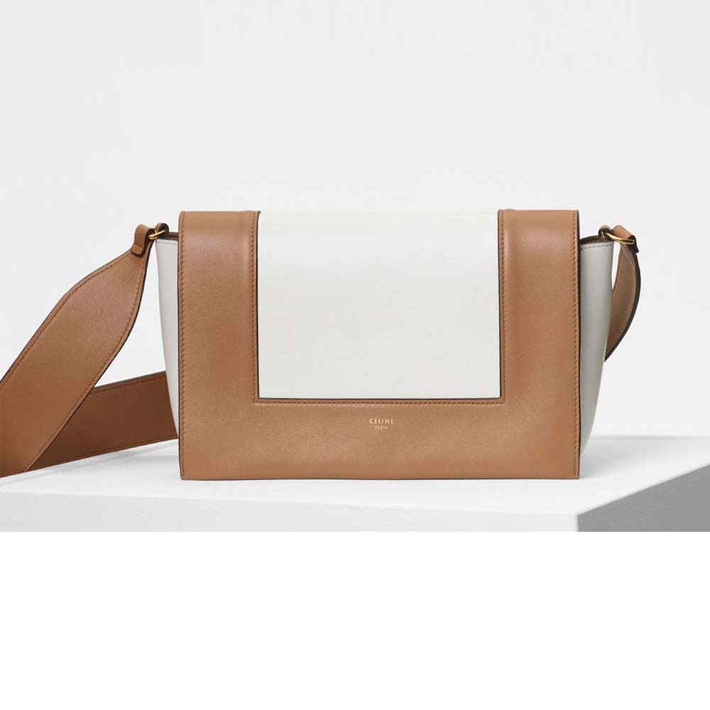 Front angle of Celine Women Medium Frame Bag in Shiny Smooth Calfskin-Brown