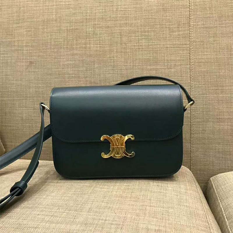 Close-up of gold Triomphe clasp on Celine Women Medium Triomphe Bag
