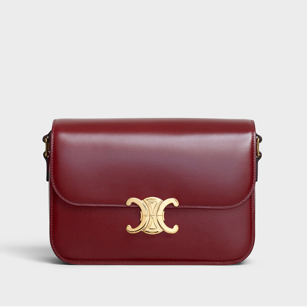 Celine Women Medium Triomphe Bag in Shiny Calfskin-Maroon