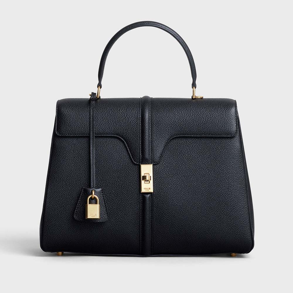 Front view of Celine Women Medium16 Bag in Grained Calfskin-Black