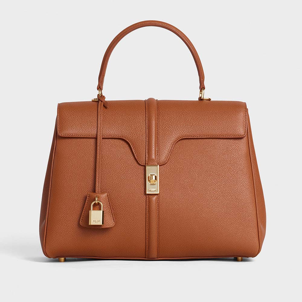 Front view of Celine Women Medium16 Bag in brown grained calfskin
