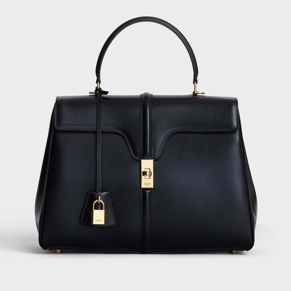 Front view of Celine Women Medium16 Bag in Satinated Calfskin-Black