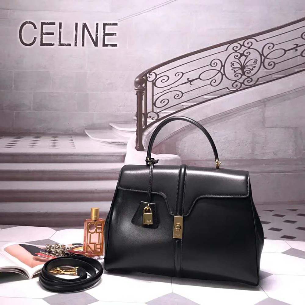 Close-up on gold-tone hardware and flap closure of Celine Medium16 Bag