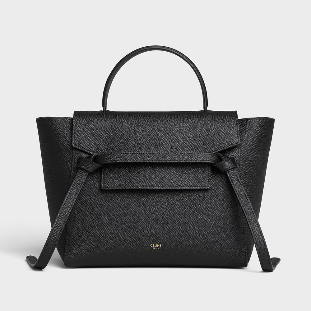 Front view of Celine Women Micro Belt Bag in Black grained calfskin