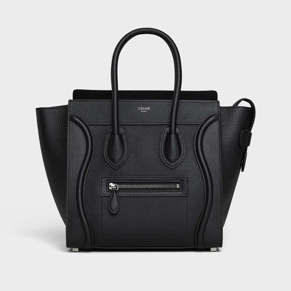 Front view of Celine Women Micro Luggage Handbag in black calfskin