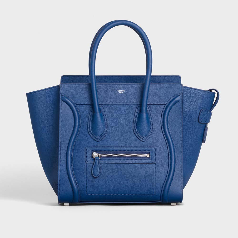 Front view of Celine Women Micro Luggage Handbag in blue leather