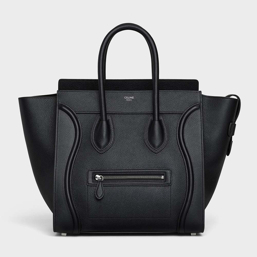 Front view of Celine Women Mini Luggage Handbag in Baby Drummed Calfskin-Black