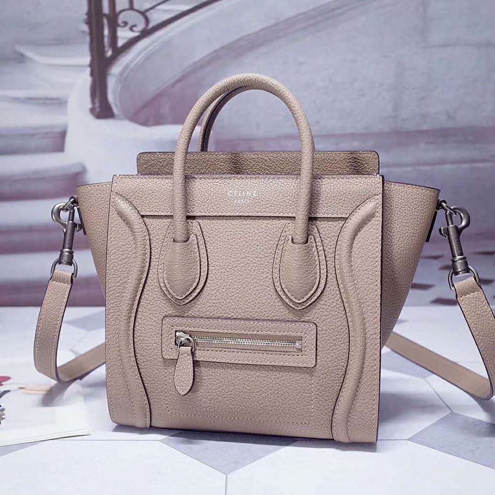Close-up of silver-tone zipper and hardware on Celine handbag