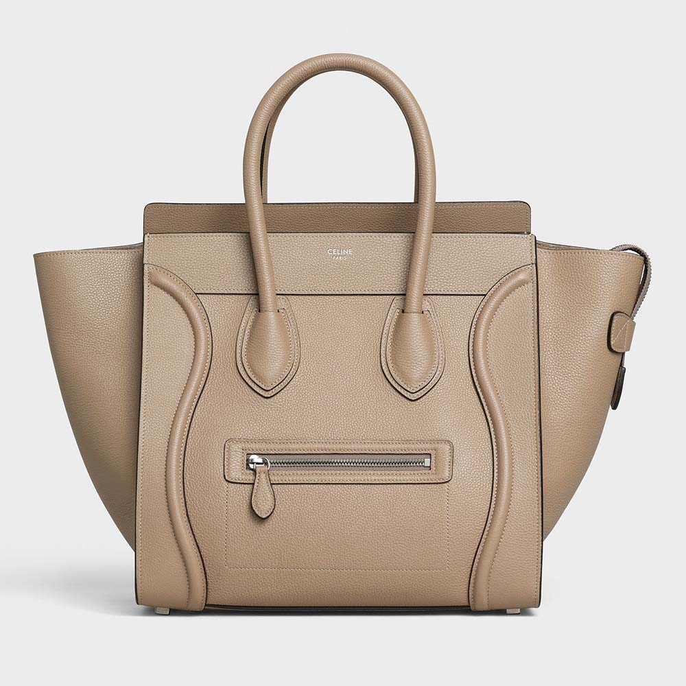 Front view of Celine Women Mini Luggage Handbag in Baby Drummed Calfskin-Sandy