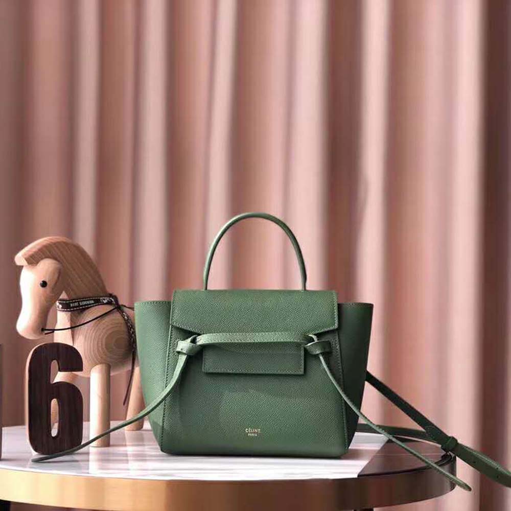 Close-up of gold hardware on Celine Women Nano Belt Bag in Grained Calfskin Bag-Green