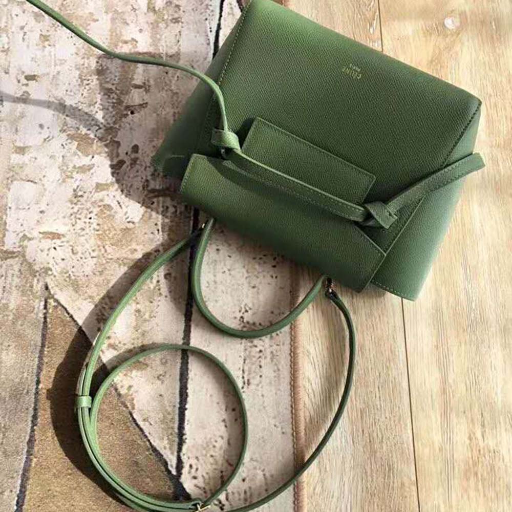 Side profile showing silhouette of Celine Women Nano Belt Bag in Grained Calfskin Bag-Green