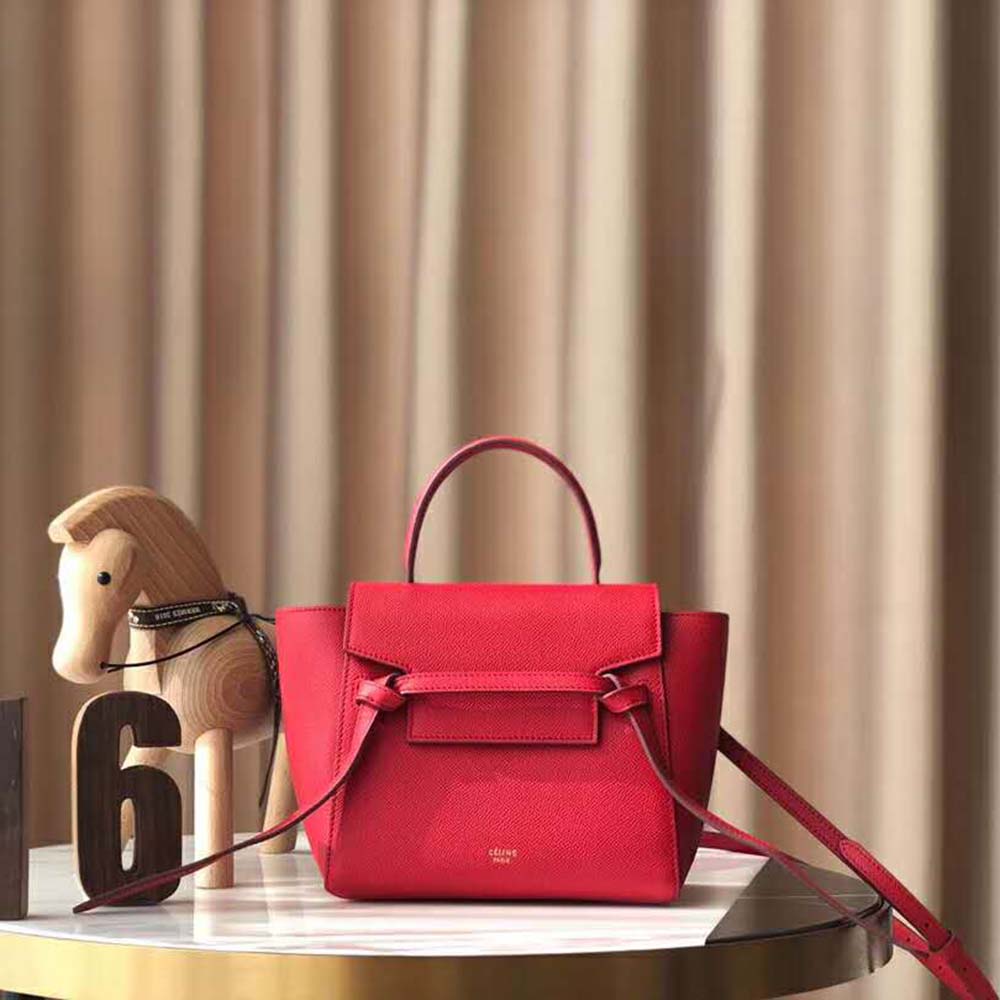 Close-up of polished gold hardware on Celine Women Nano Belt Bag in Red