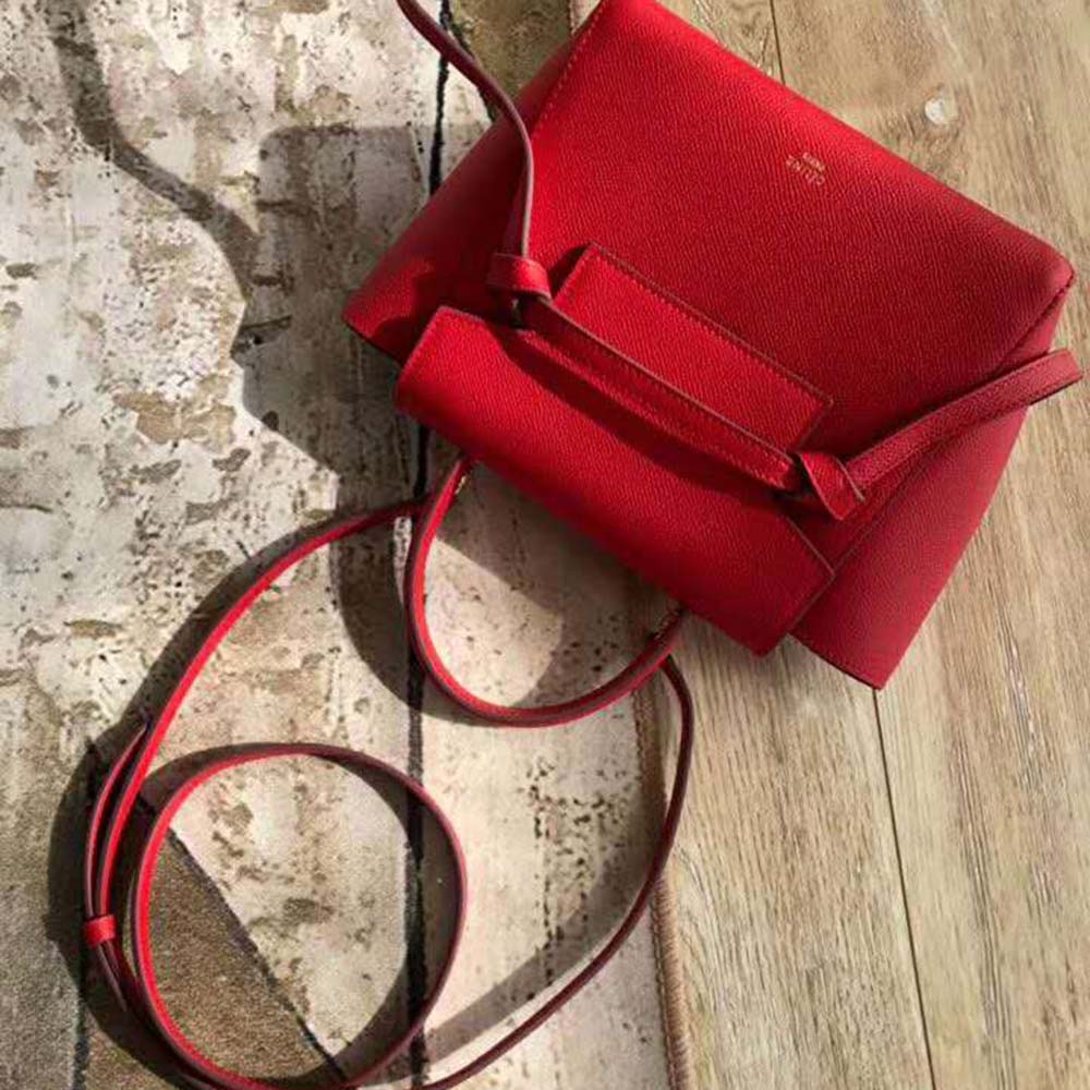 Side profile showing silhouette of Celine Nano Belt Bag in red calfskin