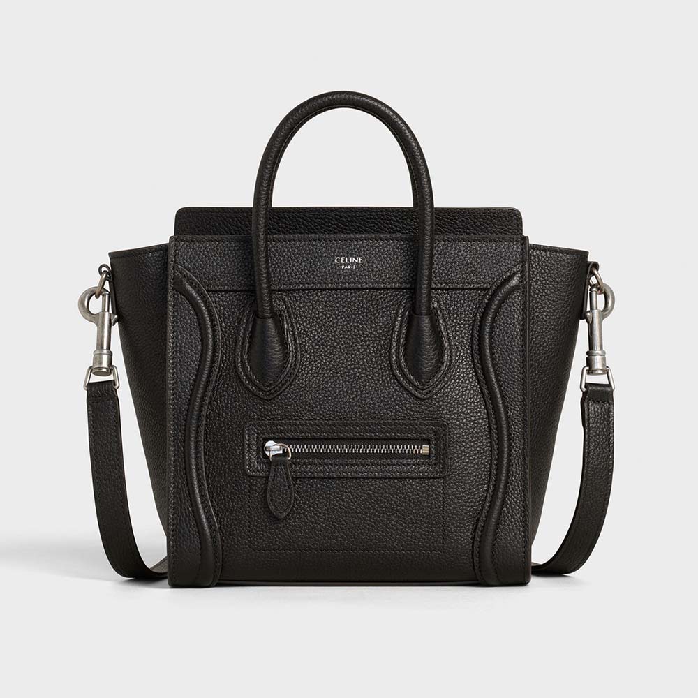 Front view of Celine Women Nano Luggage Bag in Drummed Calfskin-Black
