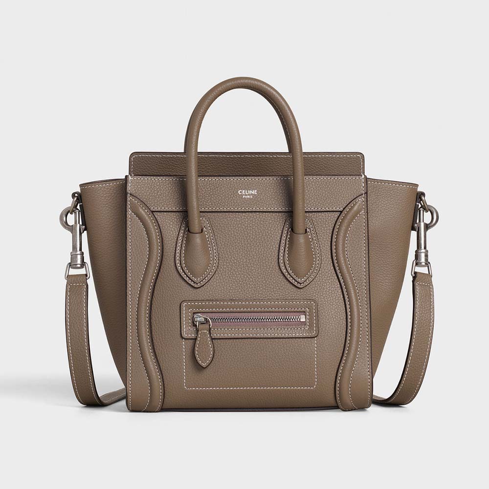 Front view of Celine Women Nano Luggage Bag in Drummed Calfskin-Brown