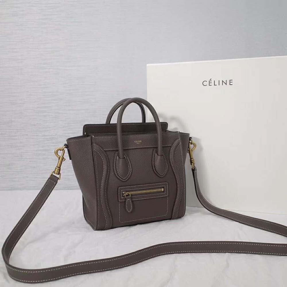 Close-up of gold-tone zipper and leather pull on Celine Nano Luggage Bag