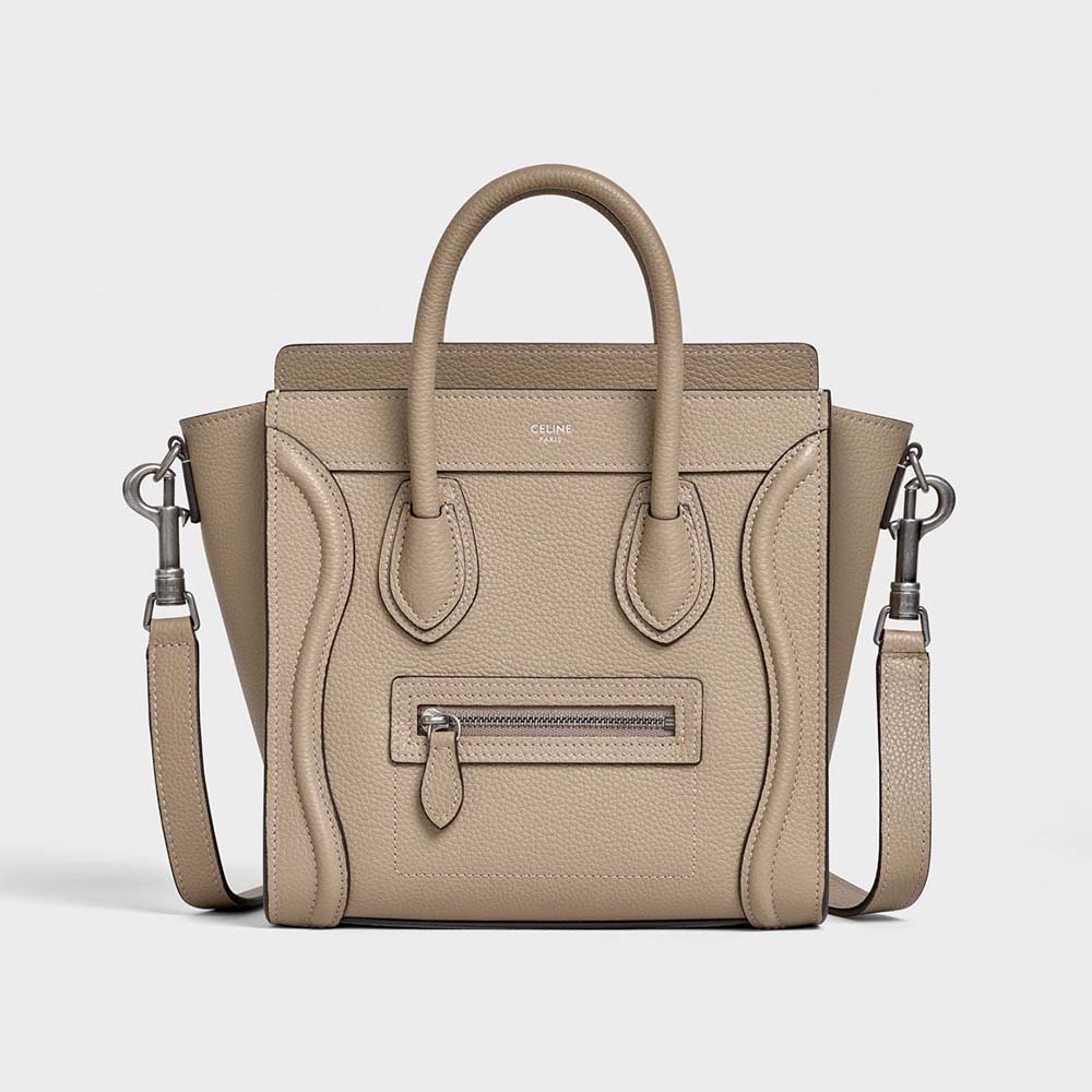 Front angle of Celine Women Nano Luggage Bag in Drummed Calfskin-Sandy