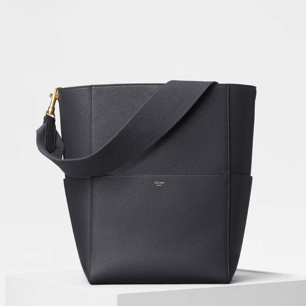 Front view of Celine Women Sangle Bucket Bag in Soft Grained Calfskin-Black