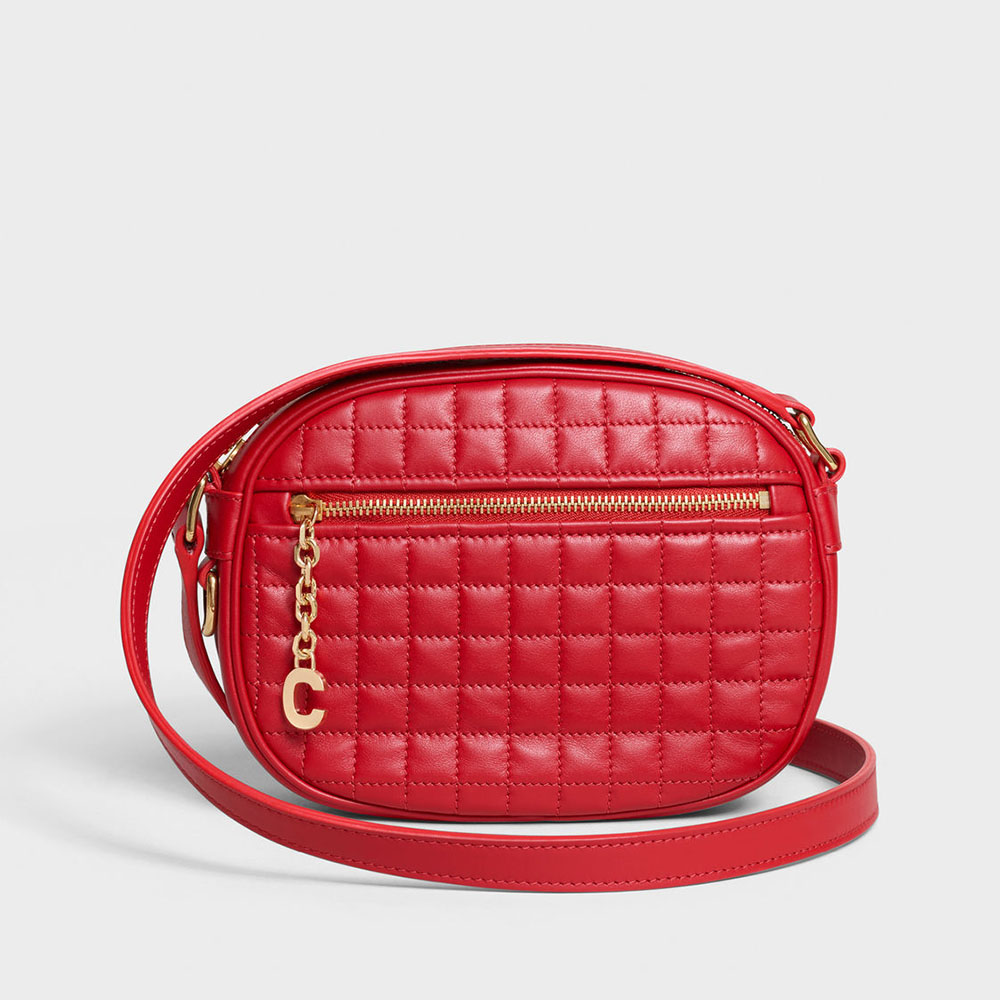 Front view of Celine Women Small C Charm Bag in Quilted Calfskin-Red