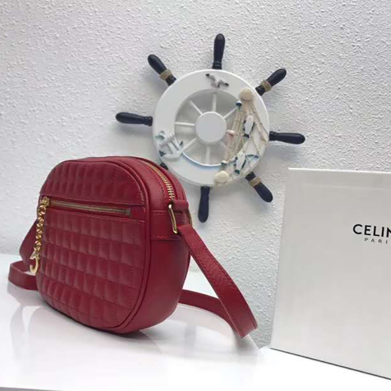 Side angle showing quilted calfskin texture on Celine Small C Charm Bag