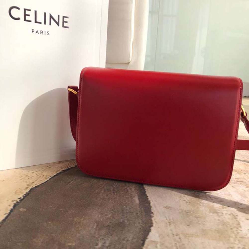 Side angle showing slim profile of Celine Women Teen Triomphe Bag in Red