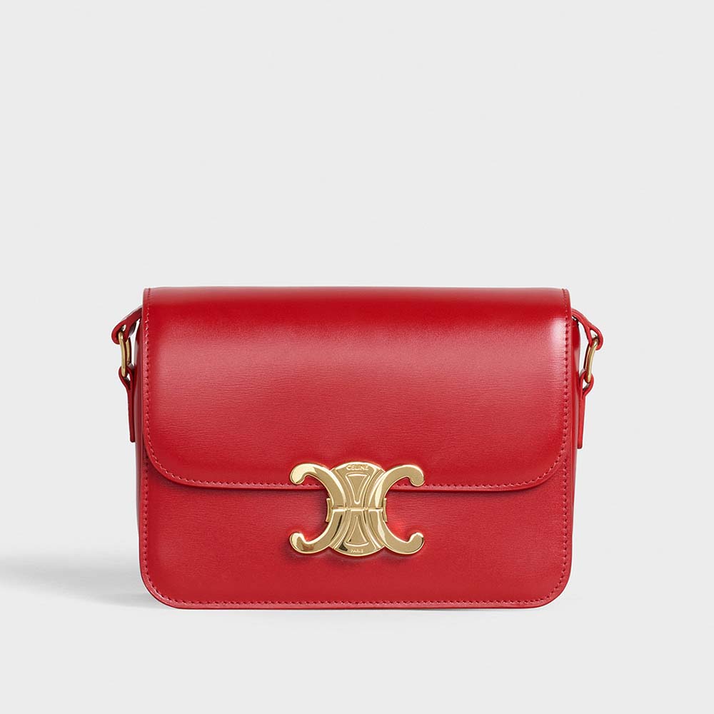 Front view of Celine Women Teen Triomphe Bag in Shiny Calfskin-Red with clasp