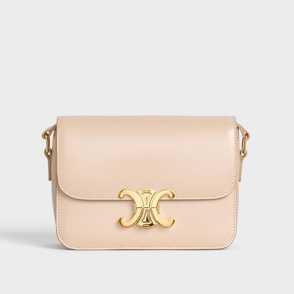 Front view of Celine Women Teen Triomphe Bag in shiny calfskin Sandy