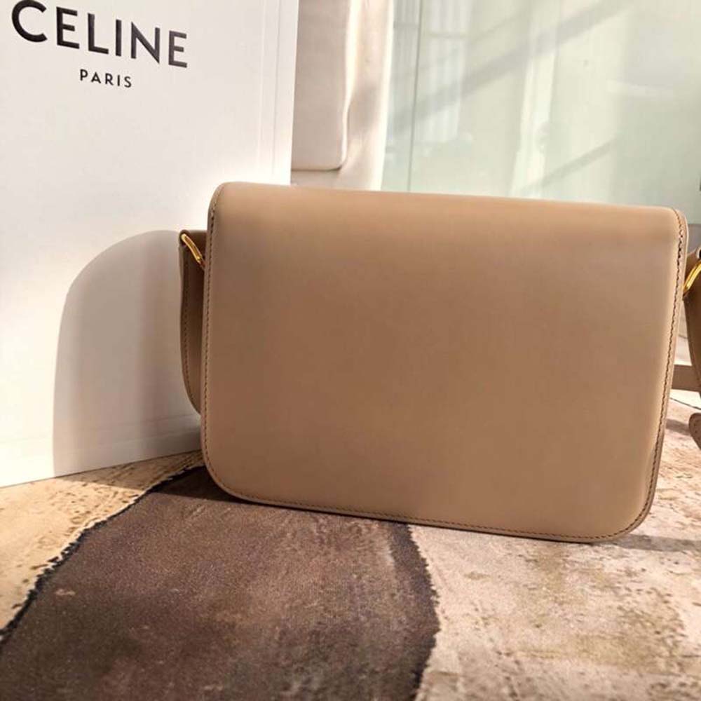 Side angle showing slim silhouette of Celine Women Teen Triomphe Bag Sandy