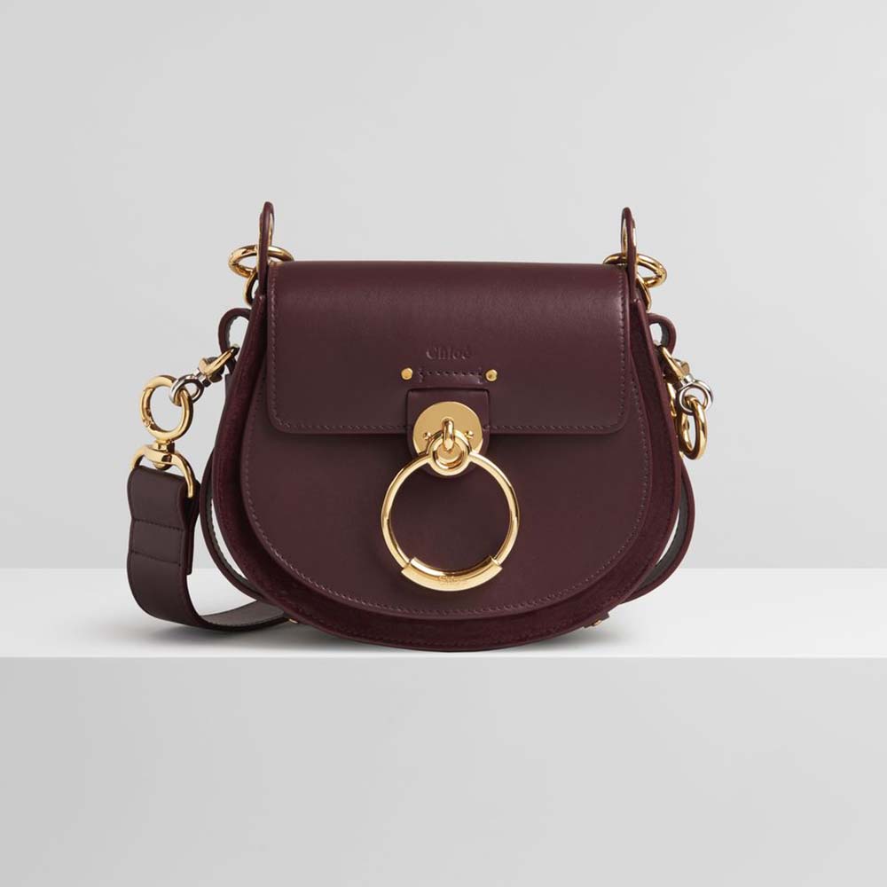 Front view of Chloe Women Small Tess Bag in shiny and suede calfskin maroon