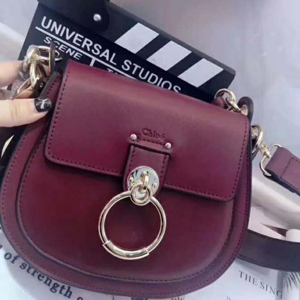 Close-up of gold chain hardware on Chloe Women Small Tess Bag maroon
