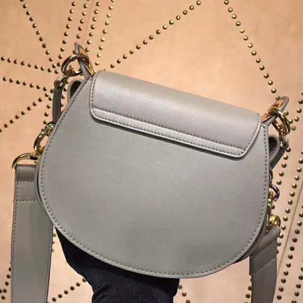 Side angle showing compact silhouette of Chloe Women Small Tess Bag in brown