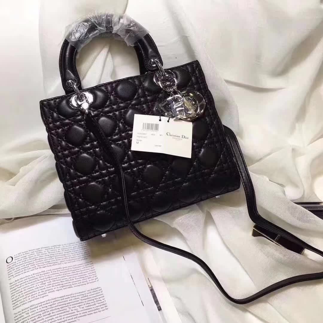 Close-up of black lambskin quilted pattern on Dior Big Lady Dior Bag