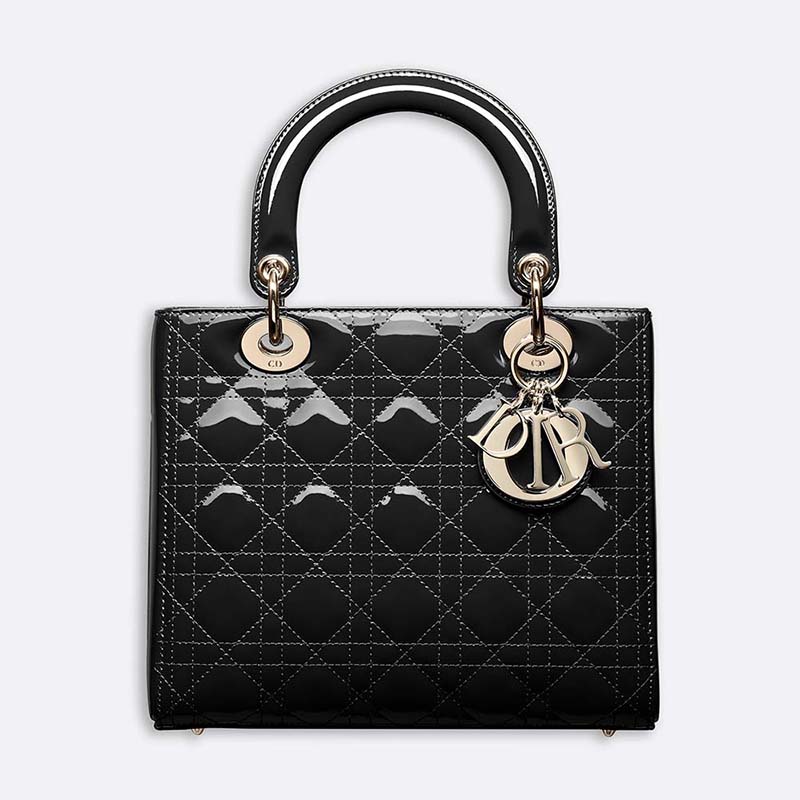 Front view of Dior Lady Dior Bag in Bright Patent Calfskin-Black