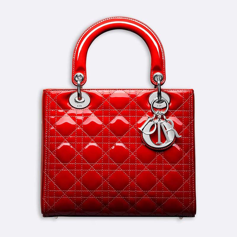 Front view of Dior Lady Dior Bag in Bright Patent Calfskin-Red
