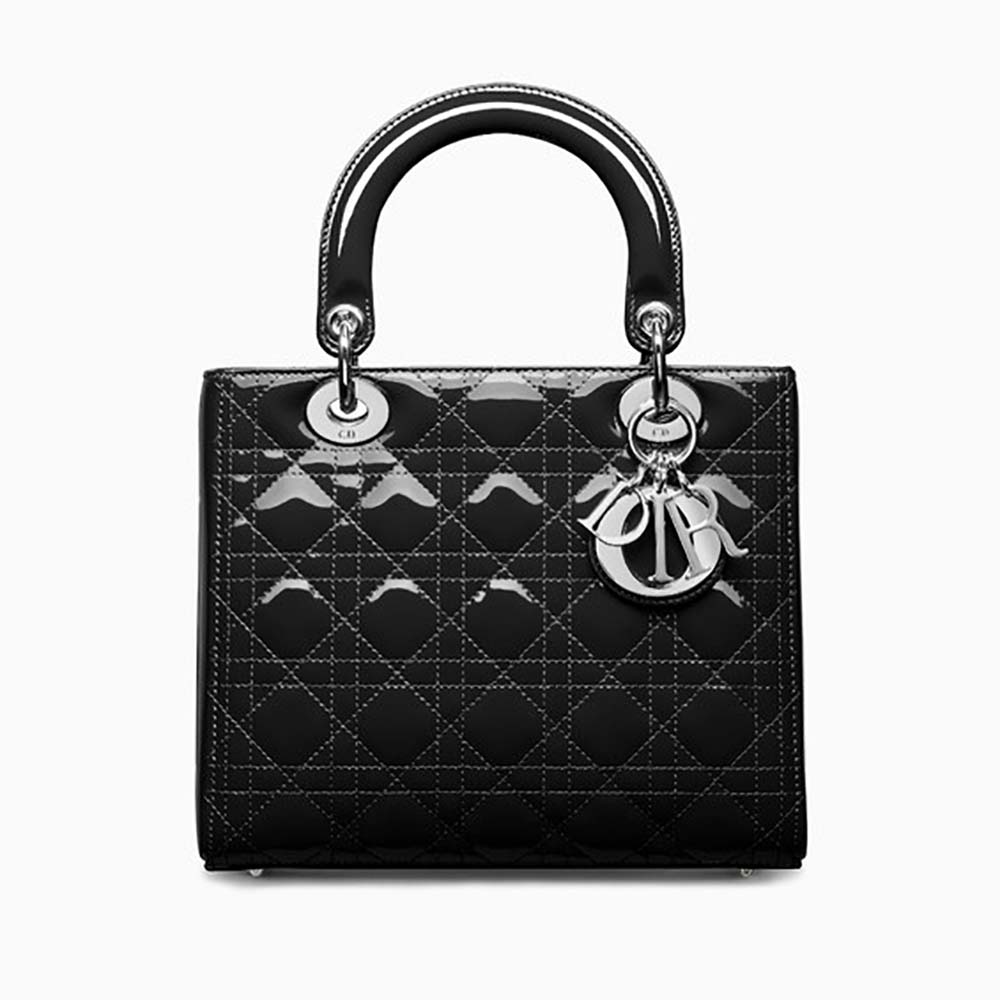 Front view of Dior Lady Dior Bag in Patent Cannage Calfskin-Black