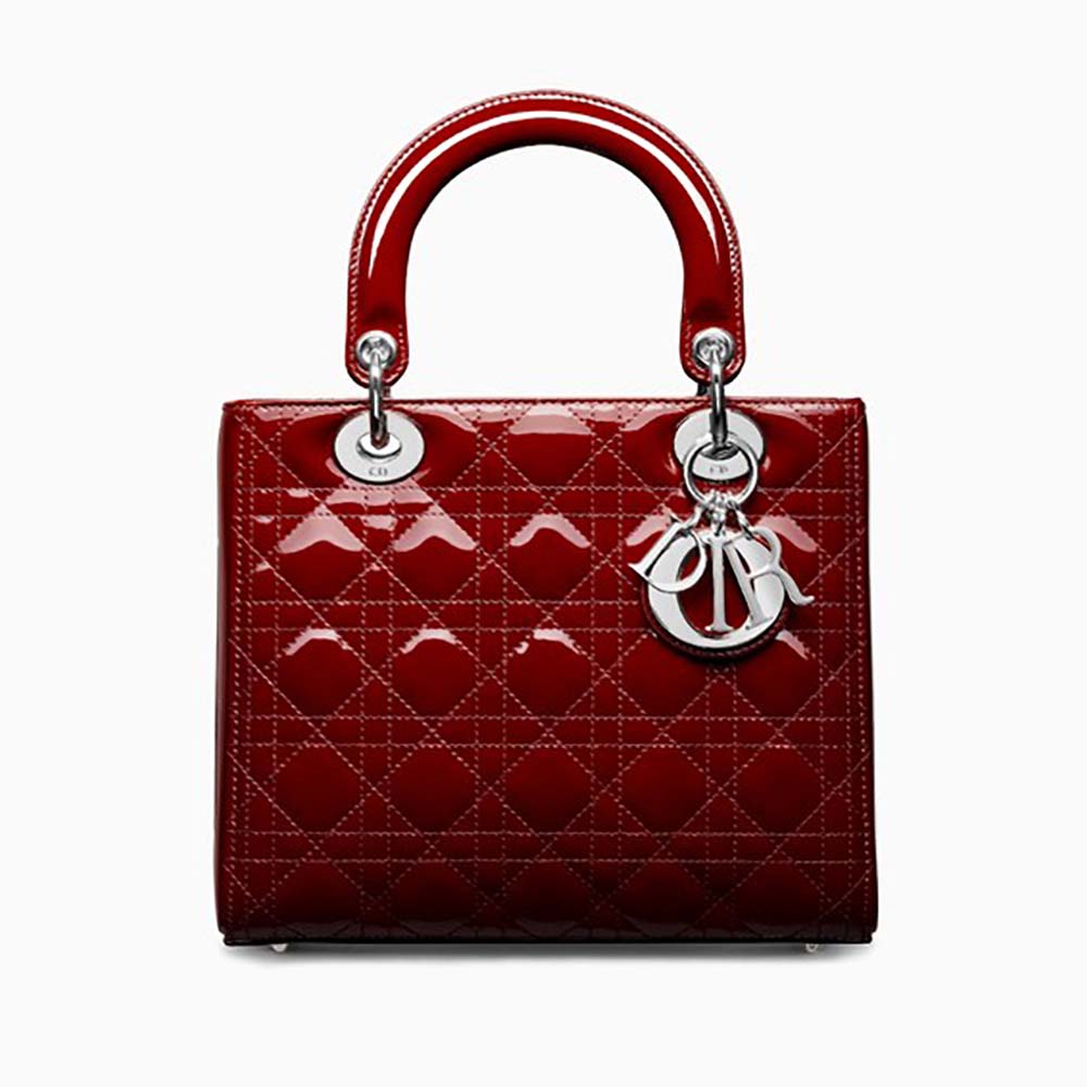Front view of Dior Lady Dior Bag in Patent Cannage Calfskin-Maroon