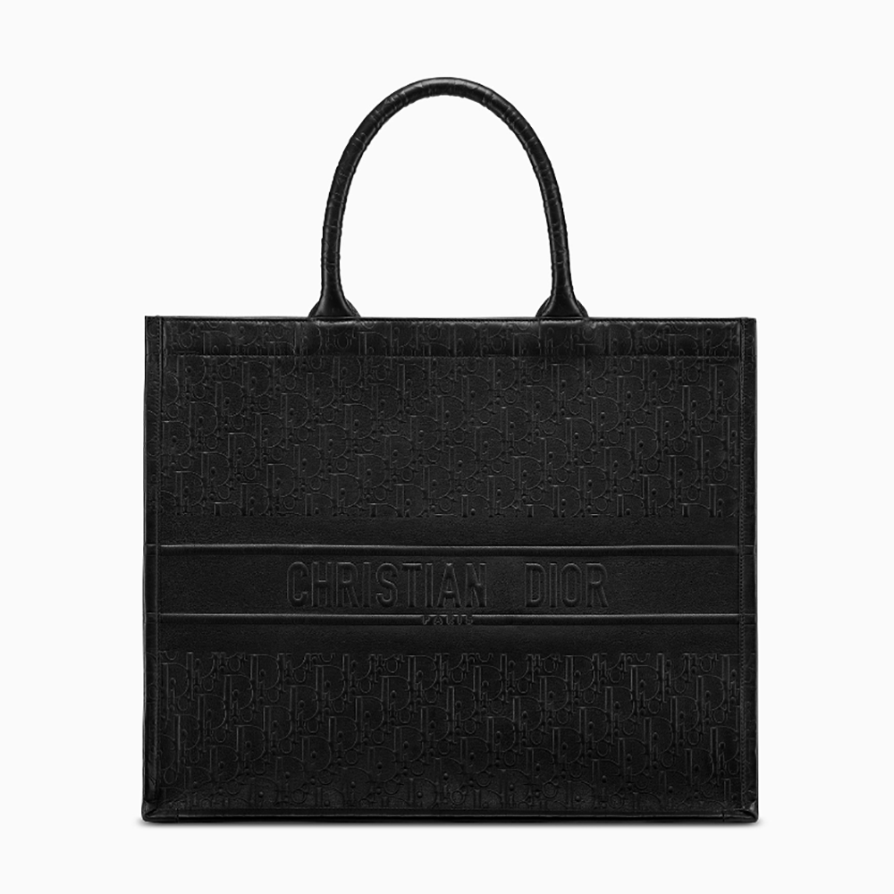 Front view of Dior Lady Dior Book Tote Bag in Embossed Calfskin-Black