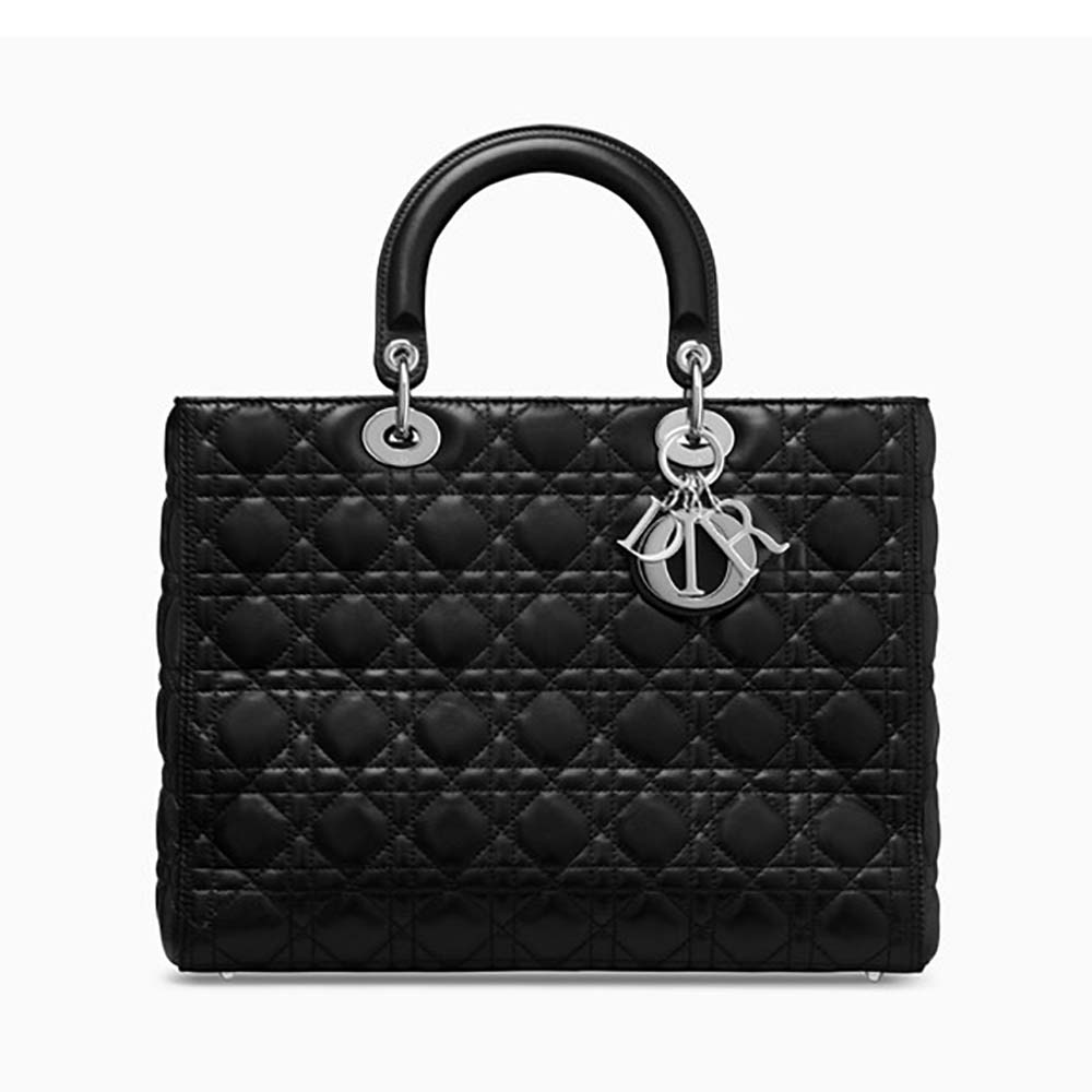 Front view of Dior Large Lady Dior Bag in black lambskin