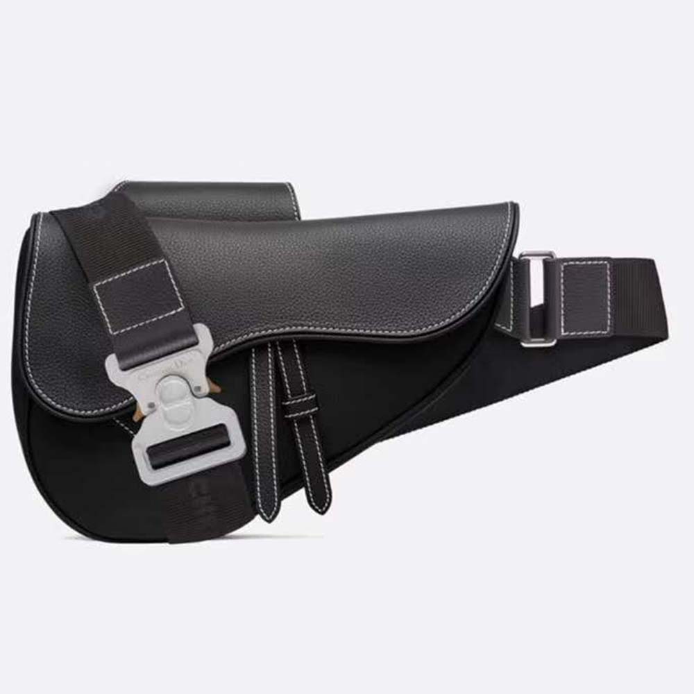 Front view of Dior Men Saddle Bag in Black Calfskin with flap closed