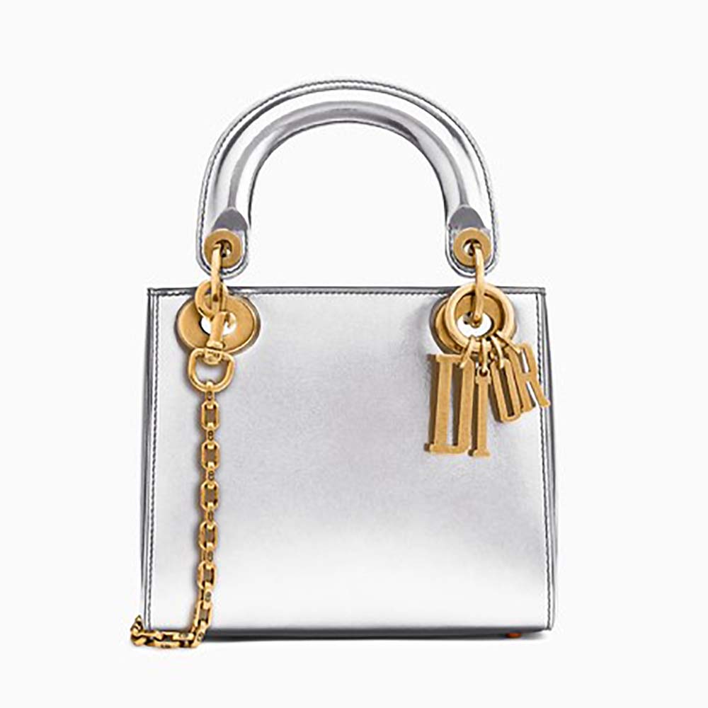 Front view of Dior Mini Lady Dior Bag Chain Silver-Tone Metallic Calfskin