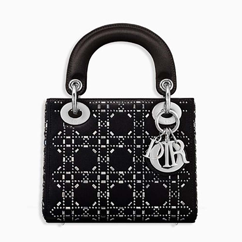 Front view of Dior Mini Lady Dior Bag in Black Cannage Satin with Rhinestones