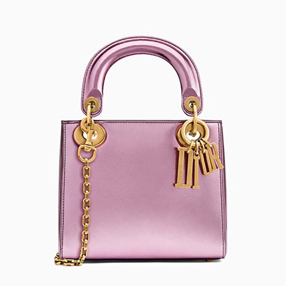 Front view of Dior Mini Lady Dior Bag with Chain Pink Metallic Calfskin