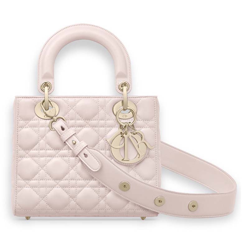 Front angle of Dior My Lady Dior Bag in Cannage Lambskin-Pink showing quilting